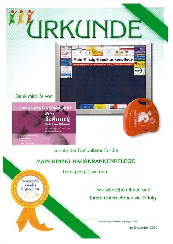 Dankesurkunde für die Defibrillator-Spende an die Main-Kinzig-Hauskrankenpflege von Bestattungen Heinz Schaack