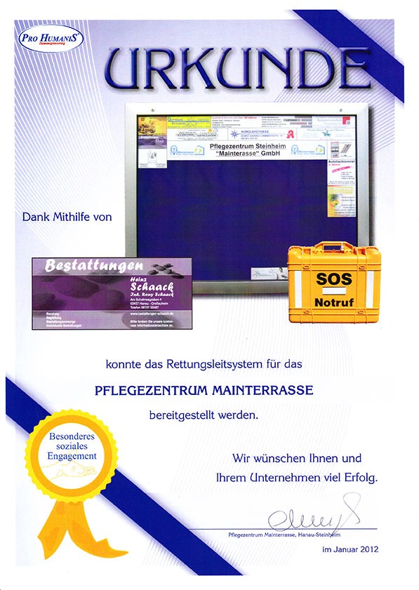 Dankesurkunde für die Rettungsleitsystem-Spende an das Pflegezentrum Mainterasse von Bestattungen Heinz Schaack