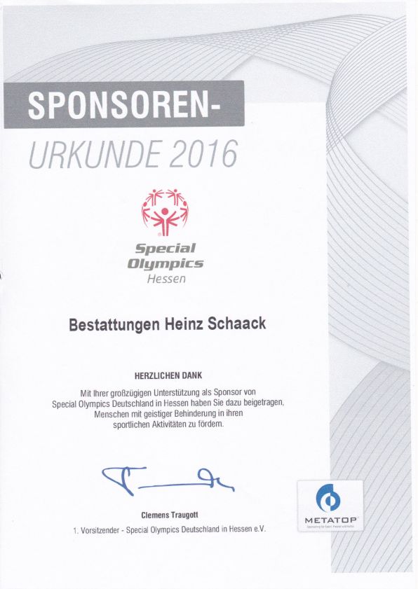 Sponsoren-Urkunde 2016 von Special Olympics Hessen für Bestattungen Heinz Schaack