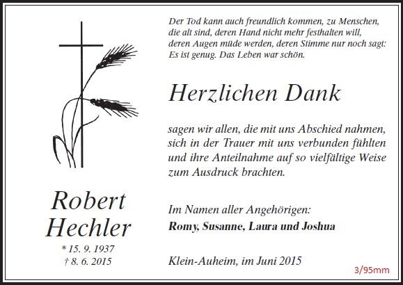 Danksagung als Zeitungsanzeige mit Kreuz und Ährenmotiv, 3 Spalten / 95 mm, gestaltet von Schaack Bestattungen Hanau