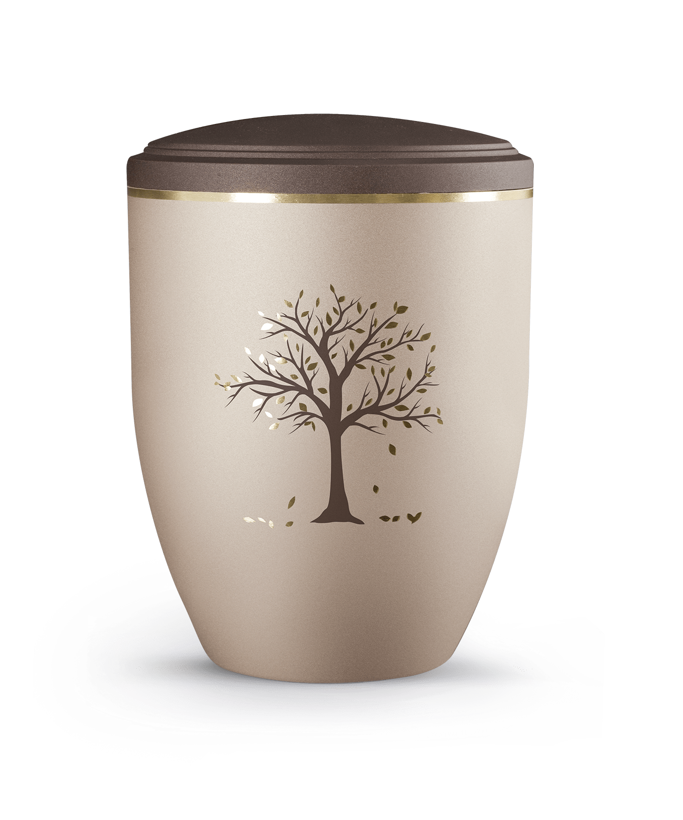 Naturstoffurne in Beige mit Holzdeckel und gezeichnetem Baummotiv
