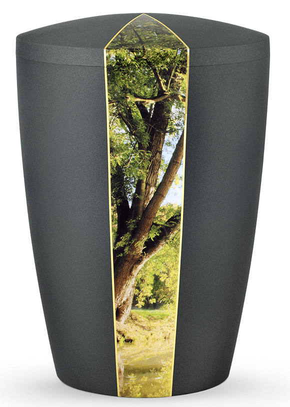 Dunkelgraue Naturstoffurne mit senkrechtem Baummotiv