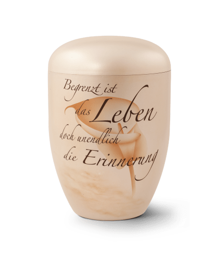 Perlmuttfarbene Naturstoffurne, handbemalt mit Schriftzug