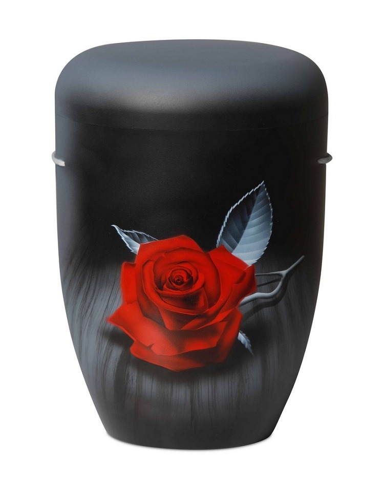 Schwarze Naturstoffurne mit Motiv einer roten Rose in zwei Händen