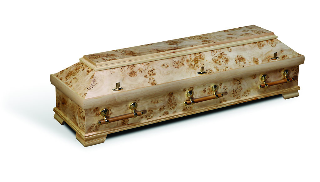 Sarg Heimkehr in hellem Holz mit beige-goldenem Blattmotiv