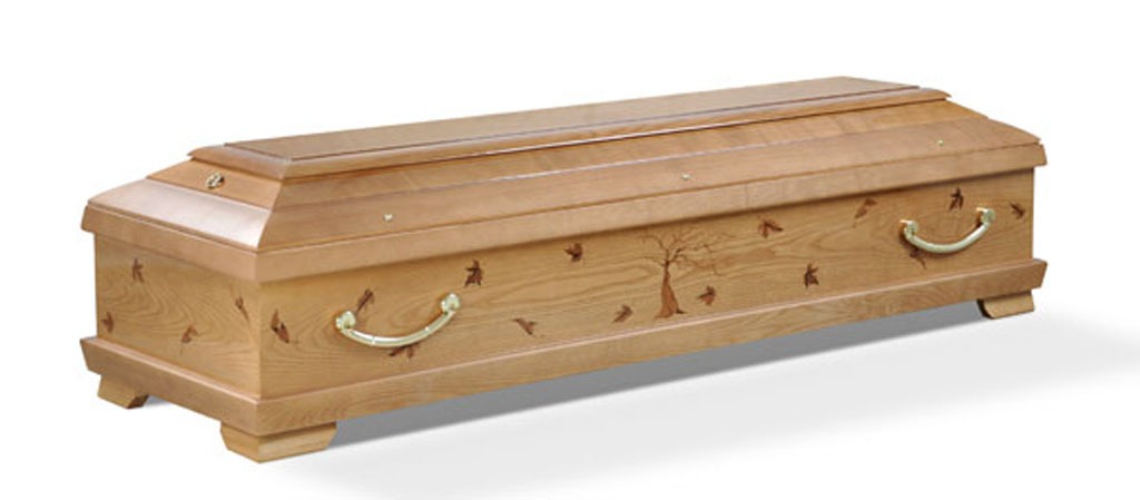 Sarg Herbstlaub aus hellem Holz mit Laubmotiv und Messinggriffen