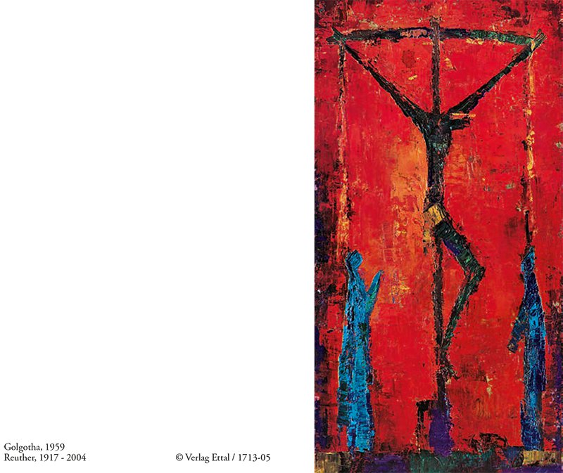 Trauerbild Golgotha mit expressionistischer Kreuzigungsdarstellung in Rot und Blau