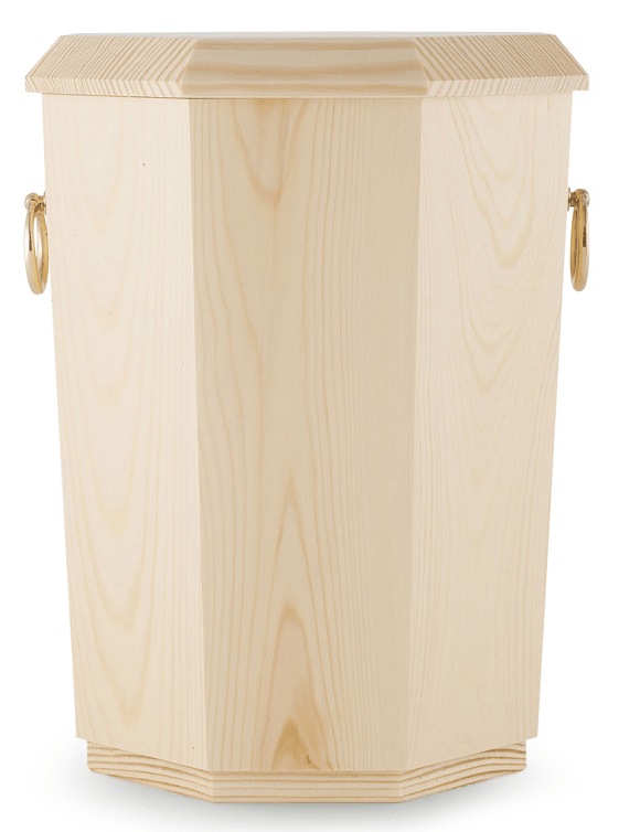 Helle Holzurne aus Kiefer in Sechseckform mit seitlichen Griffen
