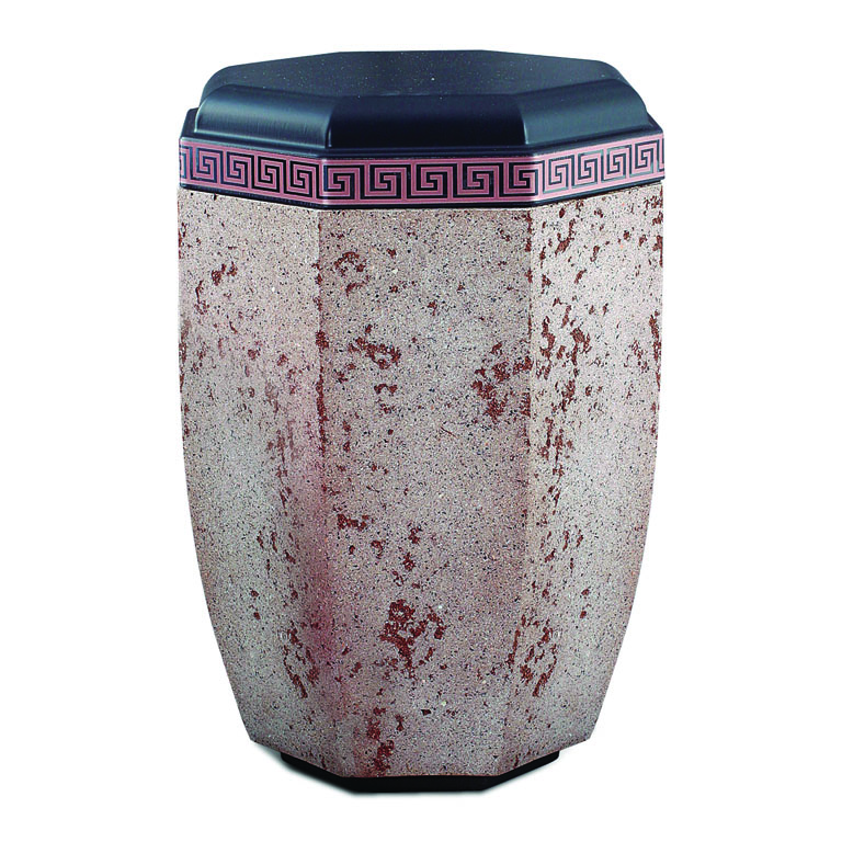 Kantige Metallurne mit gesprenkelter Kunststeinoberfläche und blauem Deckel