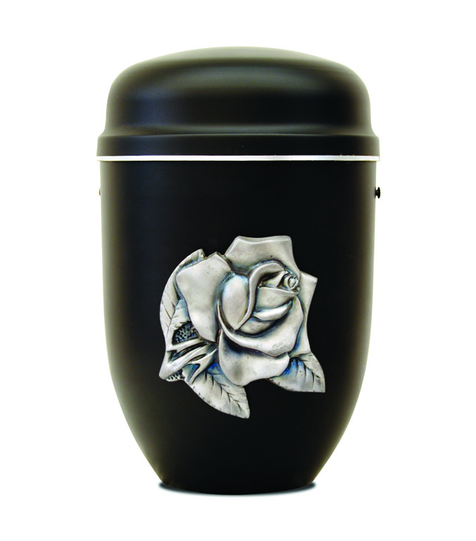 Schwarze Metallurne mit aufgesetzter silberner Rose
